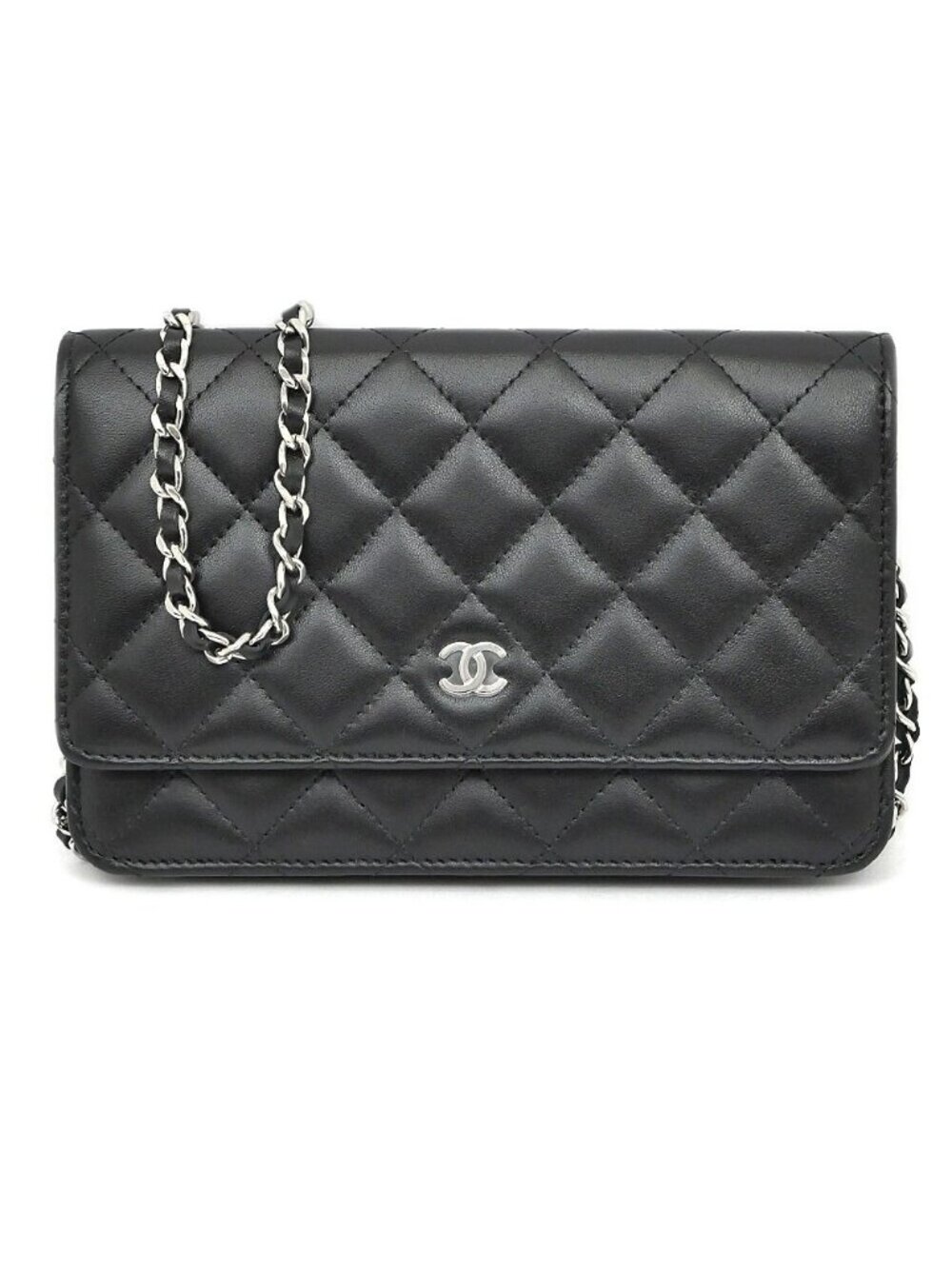Chanel Quilted Chain Wallet Black Silver Lambskin Shoulder Bag CC Logo